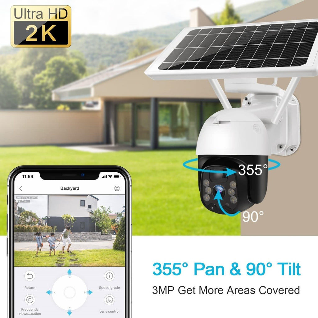 Telecamera solare wireless con pannello solare e supporto, corpo bianco e cupola nera