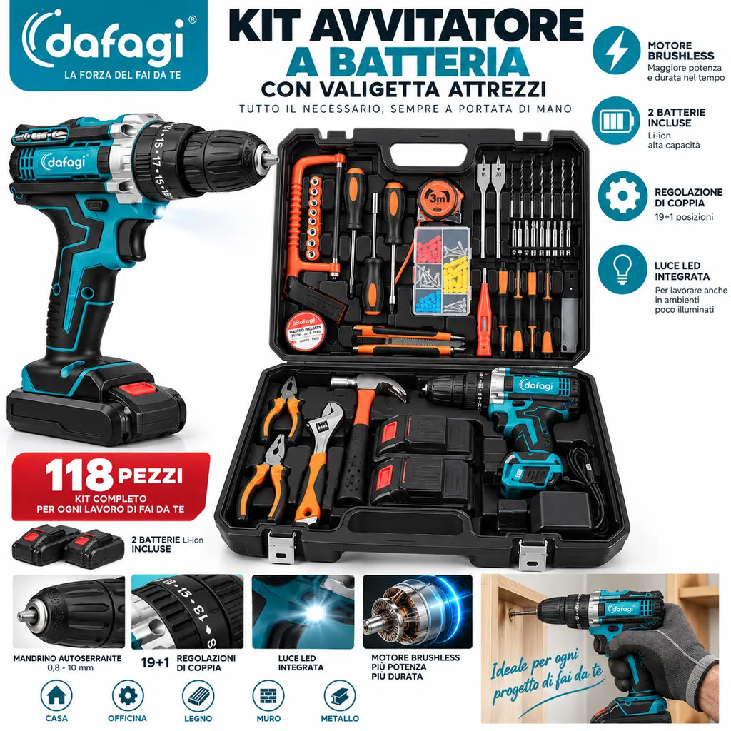Kit avvitatore 48V con valigetta aperta: inserti e accessori in scomparti