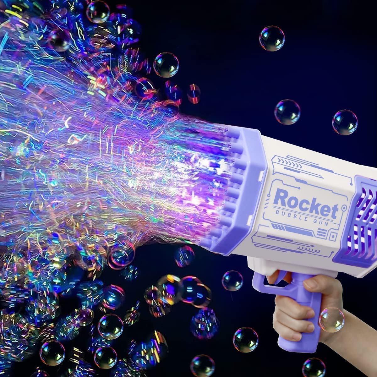 Pistola a bolle giocattolo viola e bianca, getto di bolle arcobaleno dalla bocca