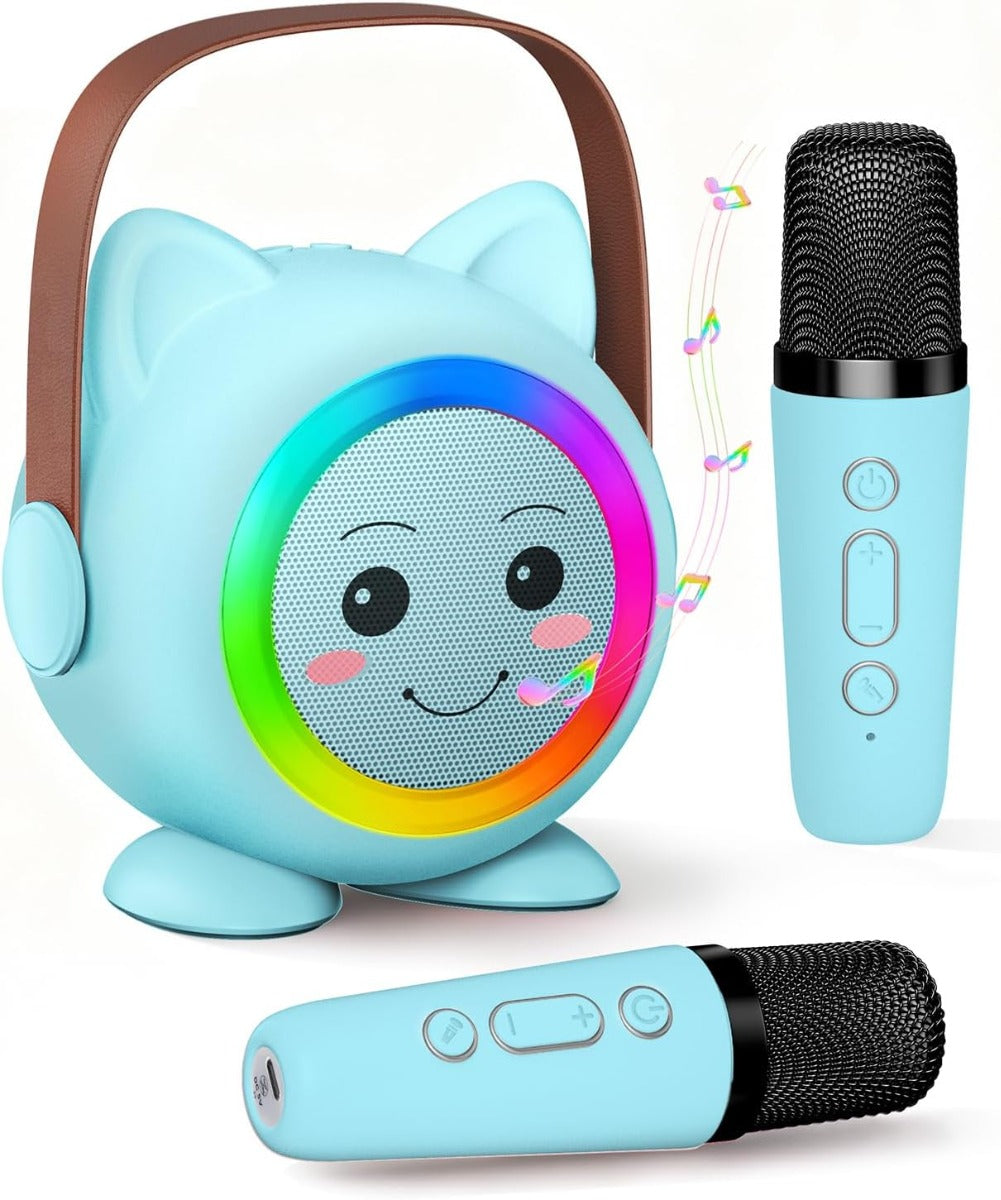 Mini karaoke per bambini blu: altoparlante gatto con luci LED e 2 microfoni wireless