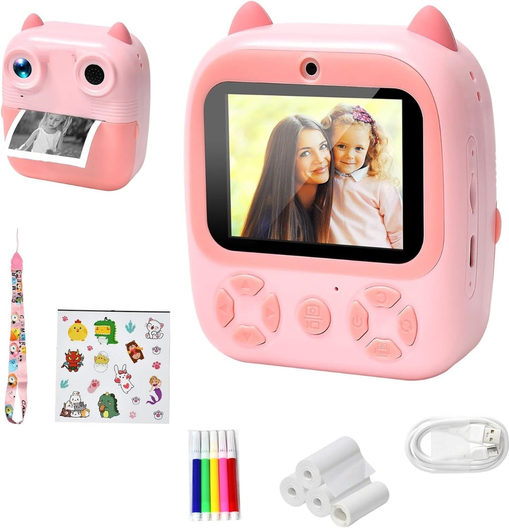 Fotocamera istantanea per bambini rosa a forma di gatto, doppio obiettivo e schermo