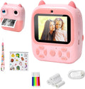 Fotocamera istantanea per bambini rosa a forma di gatto, doppio obiettivo e schermo