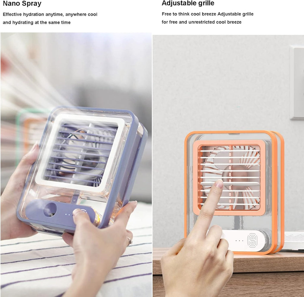 Condizionatore portatile da tavolo con umidificatore, corpo trasparente arancione, griglia