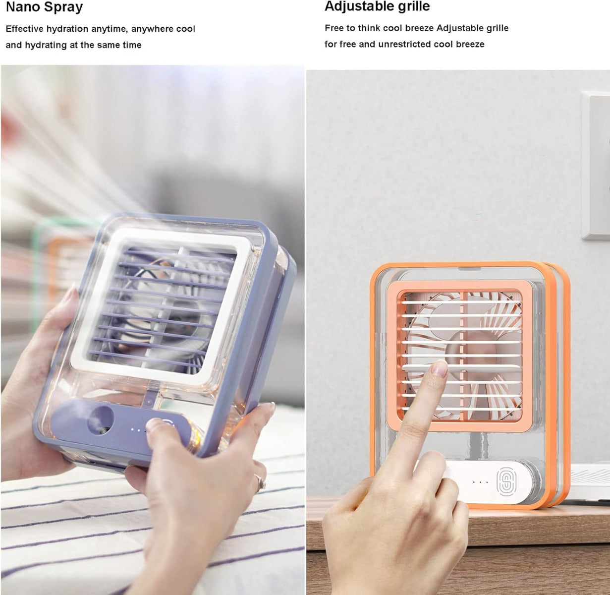 Condizionatore portatile da tavolo con umidificatore, corpo trasparente arancione, griglia