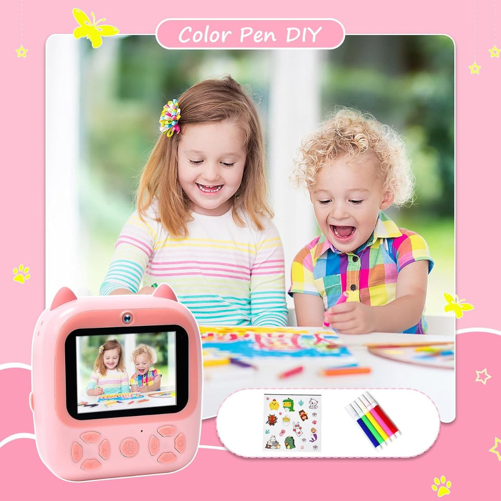 Fotocamera istantanea per bambini rosa a forma di gatto con accessori per decorazione