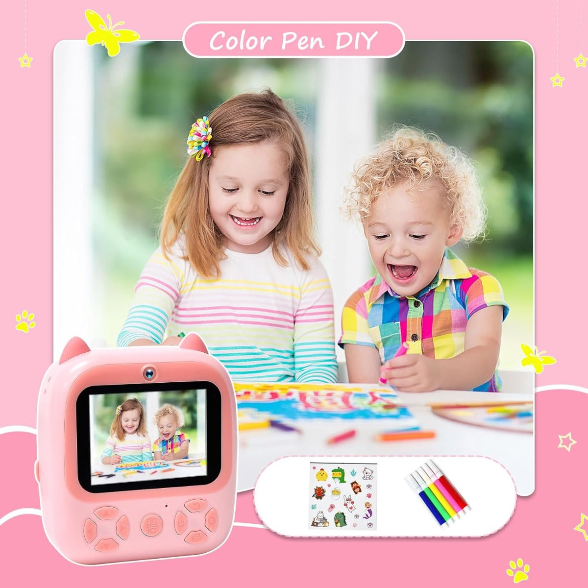 Fotocamera istantanea per bambini rosa a forma di gatto con accessori per decorazione