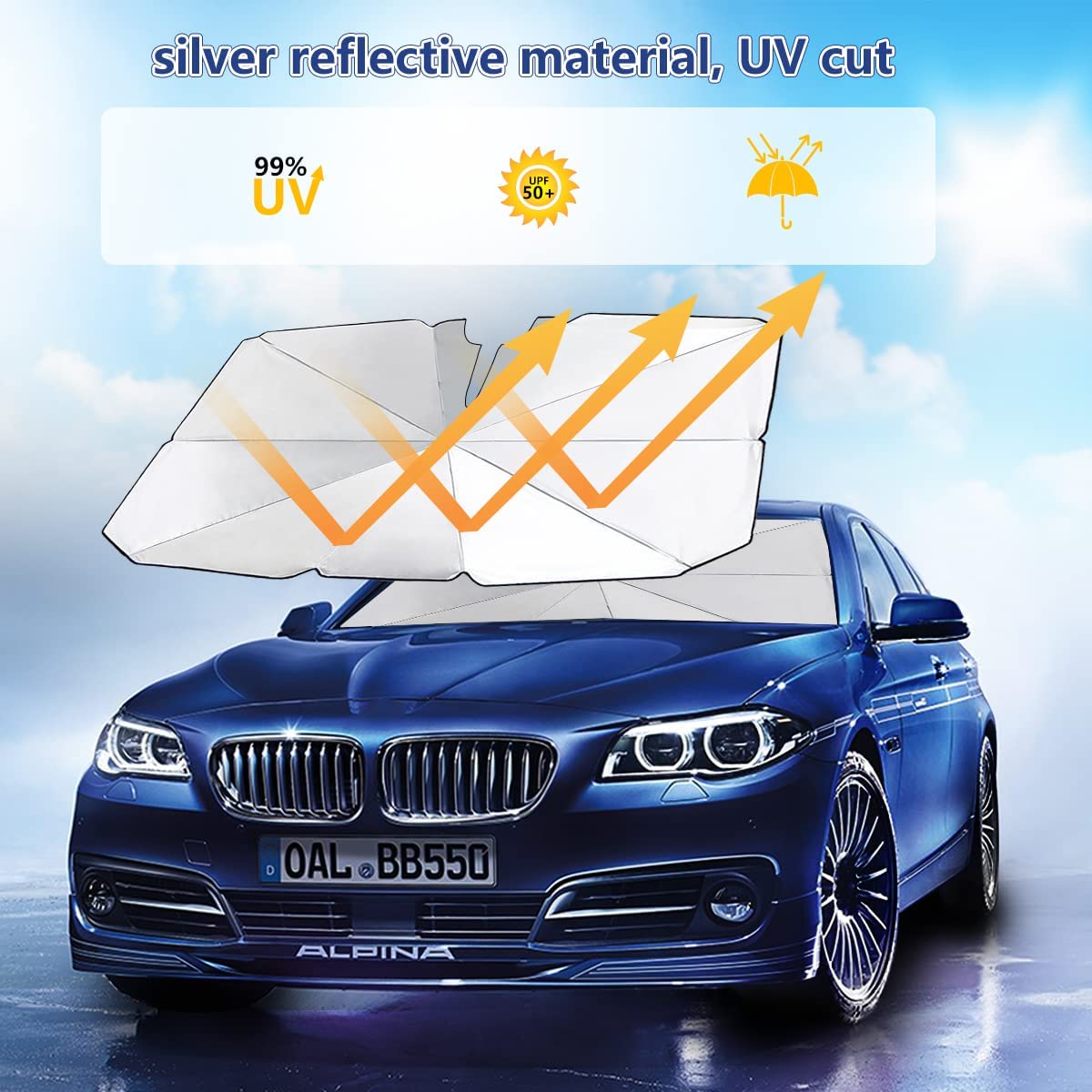 Parasole auto pieghevole con materiale riflettente argento, per parabrezza con protezione UV.