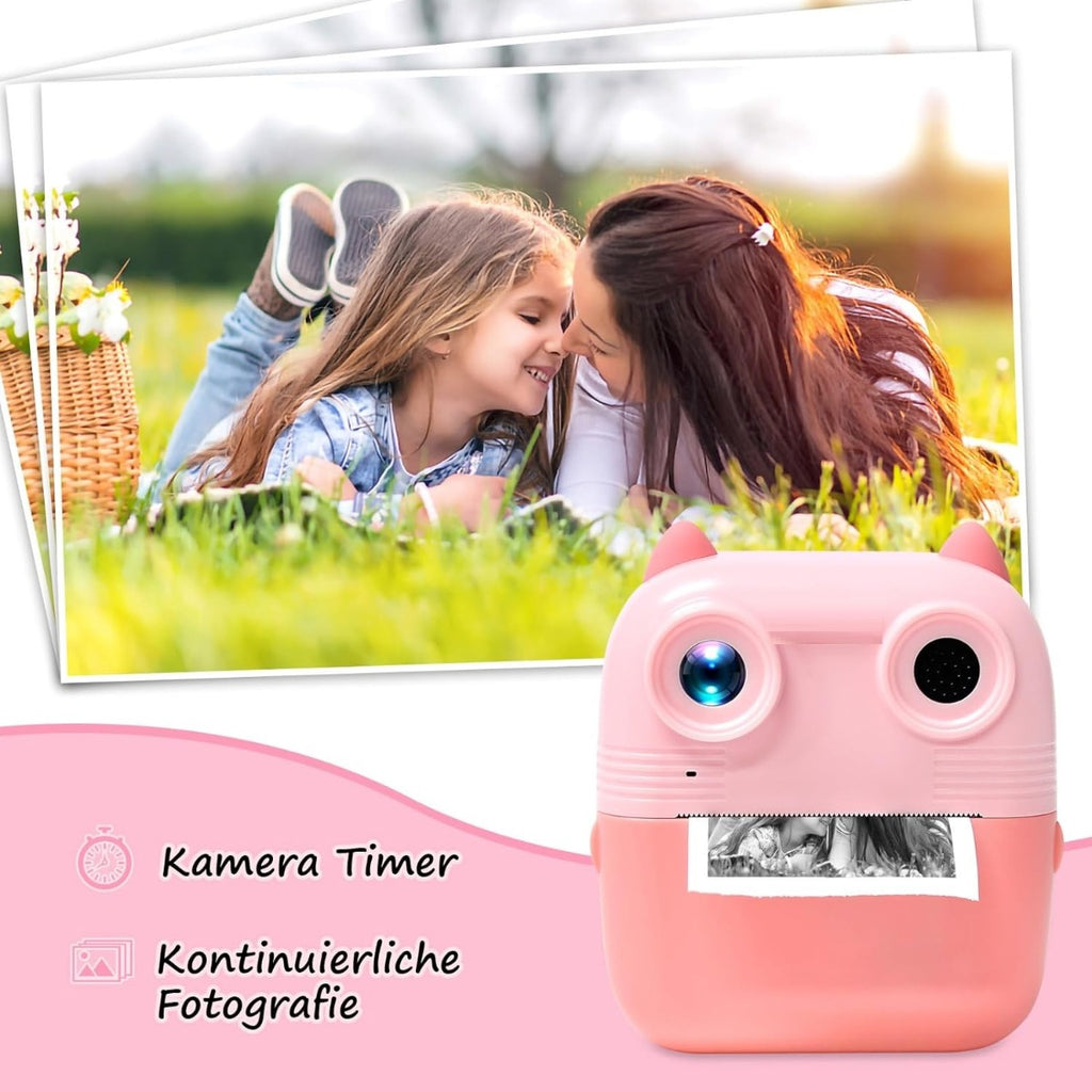 Fotocamera istantanea per bambini rosa a forma di gatto con display e foto stampata