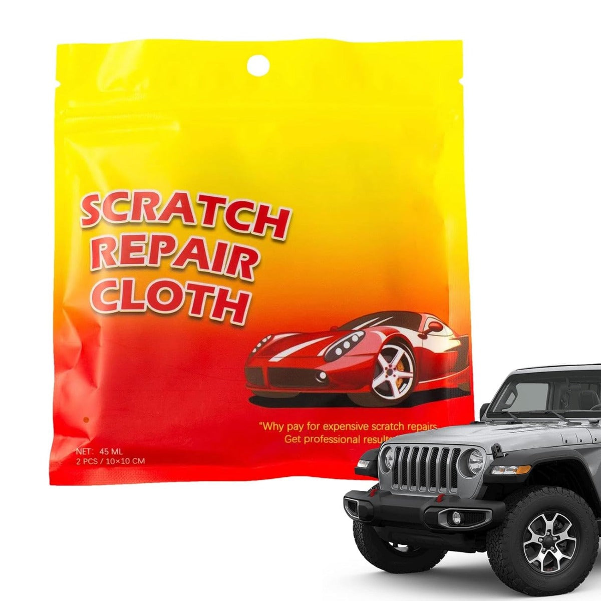 Kit riparazione graffi auto con panno, bustina gialla e rossa