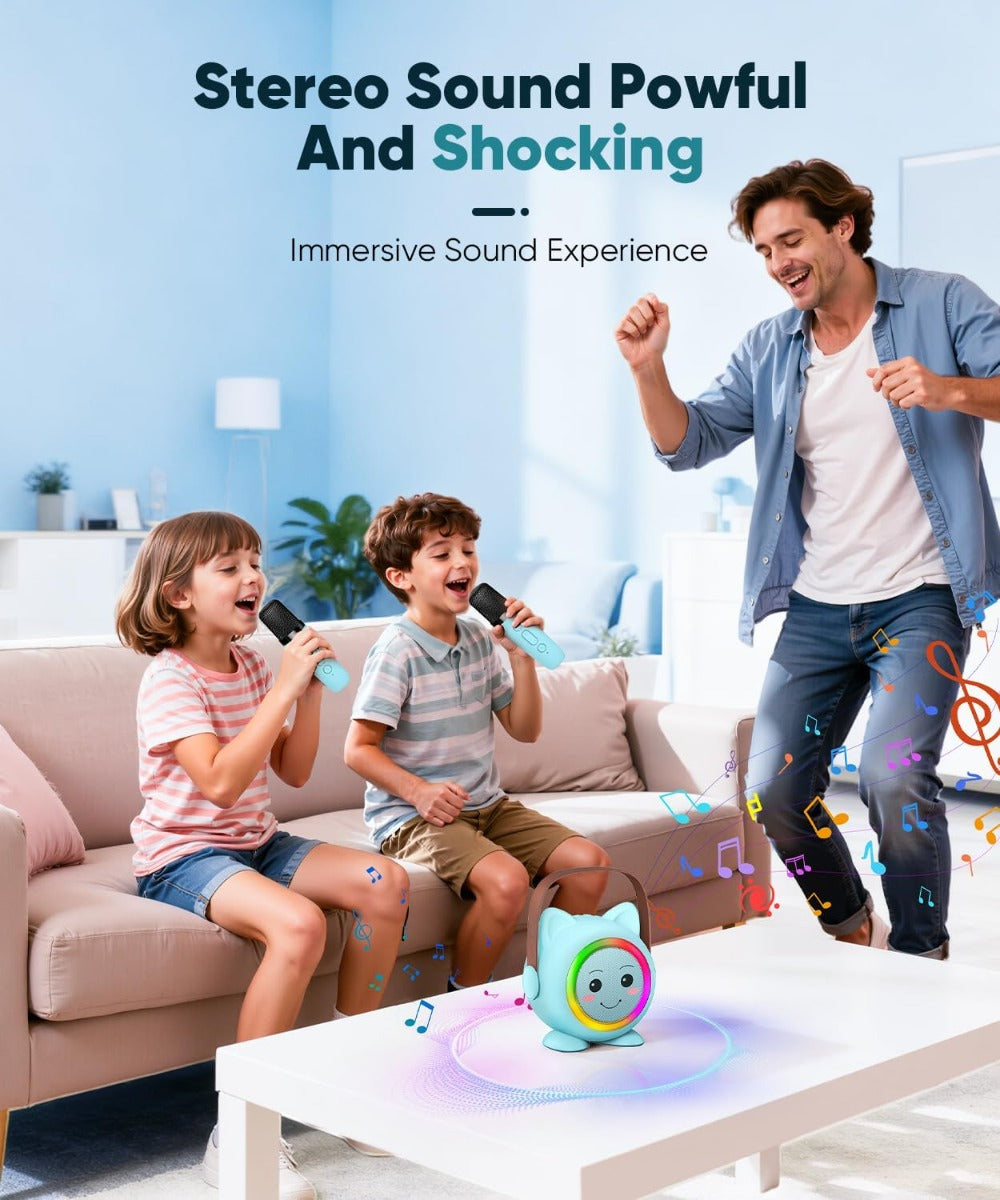 Mini karaoke per bambini con altoparlante gatto luminoso e 2 microfoni wireless