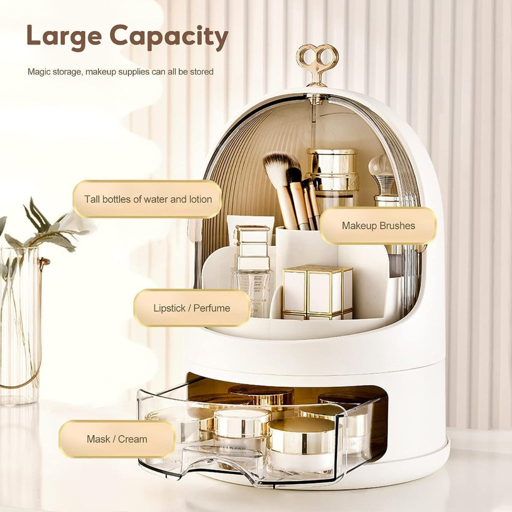 Organizer cosmetici con cupola trasparente dorata e base bianca, vano interno capiente