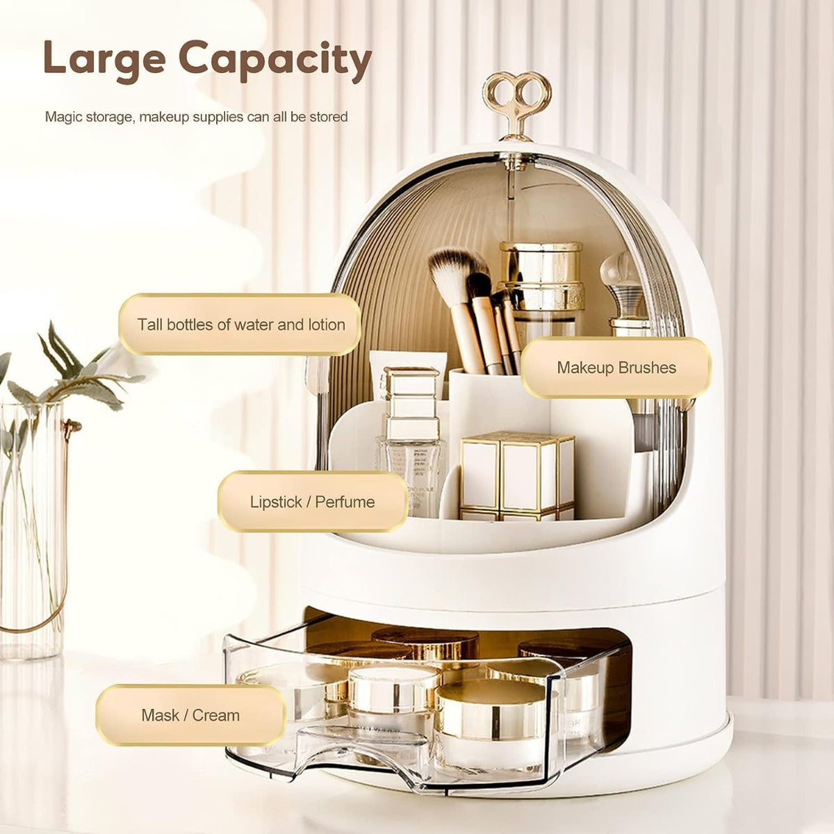 Organizer cosmetici con cupola trasparente dorata e base bianca, vano interno capiente