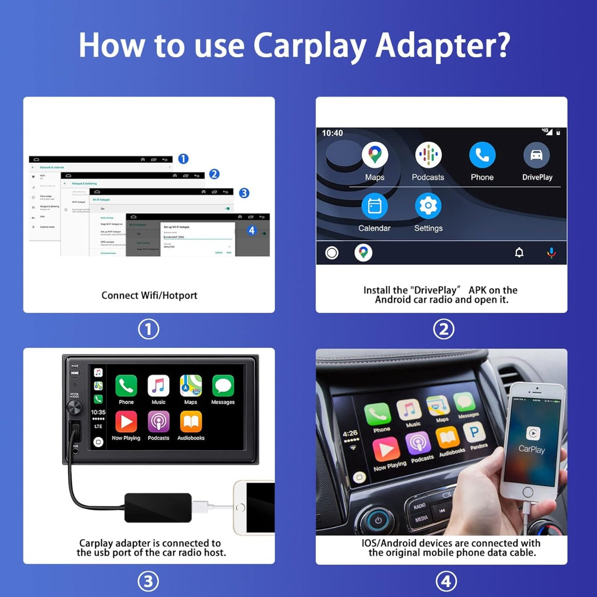 Adattatore CarPlay via cavo collegato alla porta USB dell’autoradio e allo smartphone