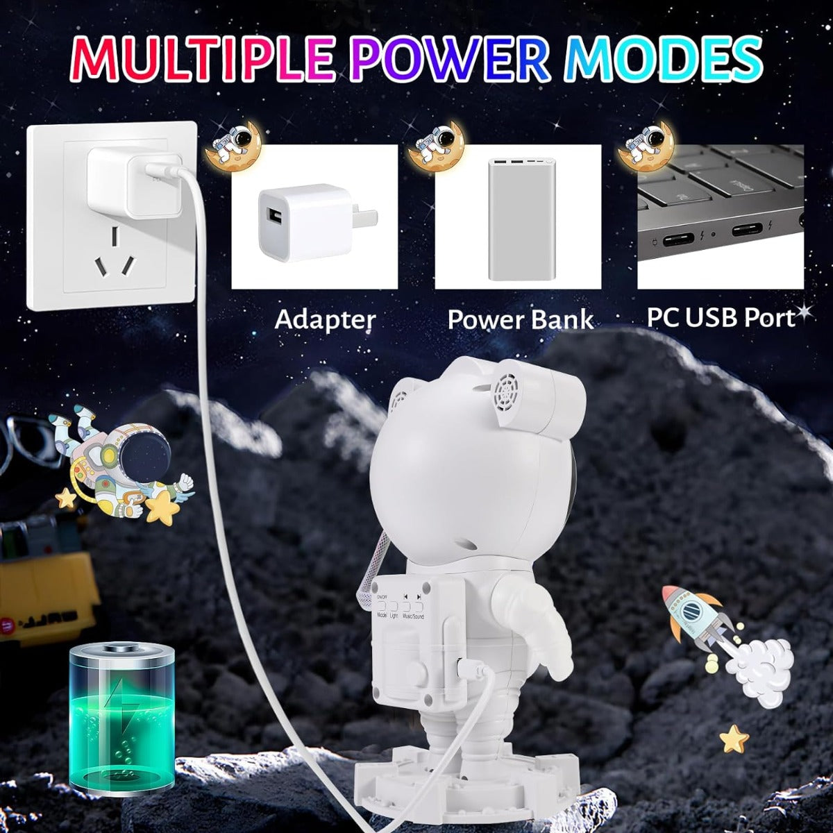 Lampada proiettore astronauta bianca con alimentatore, power bank e porta USB