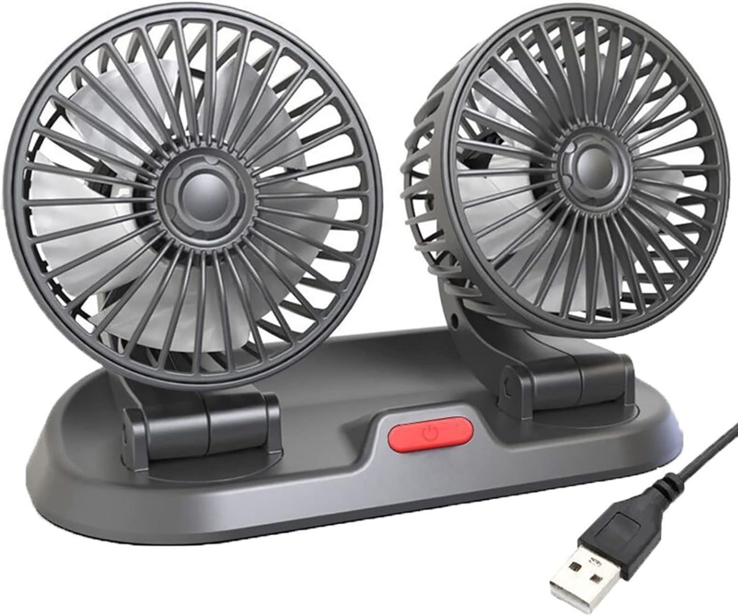 Ventilatore doppio da auto nero e grigio con due griglie e base compatta.
