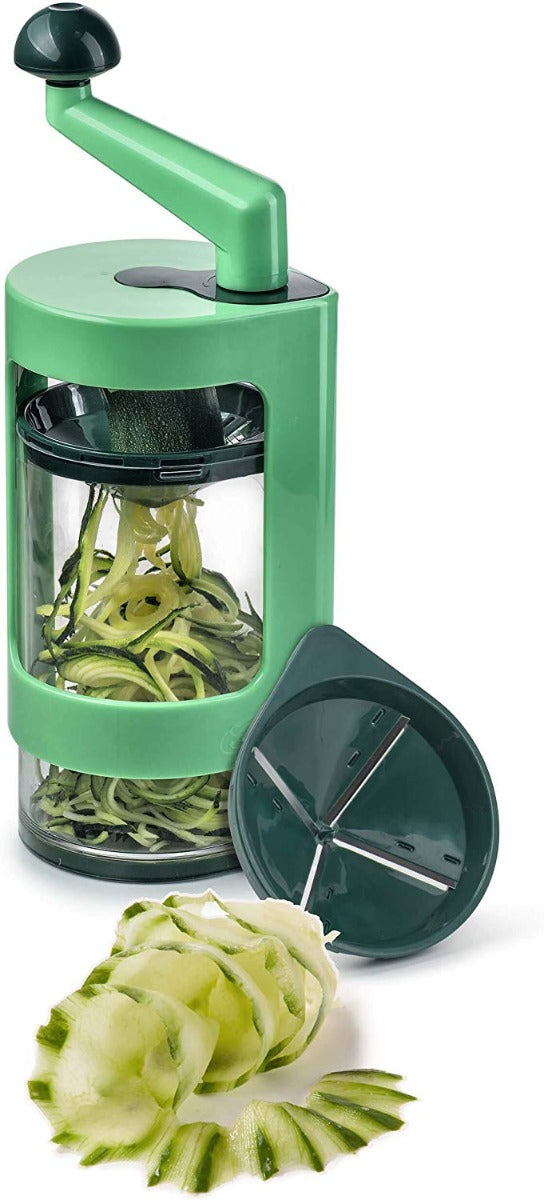 Affetta verdure a spirale Genius verde con contenitore trasparente e coperchio aperto