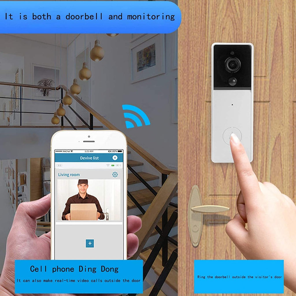 Videocitofono WiFi bianco con fotocamera nera e pulsante per chiamata