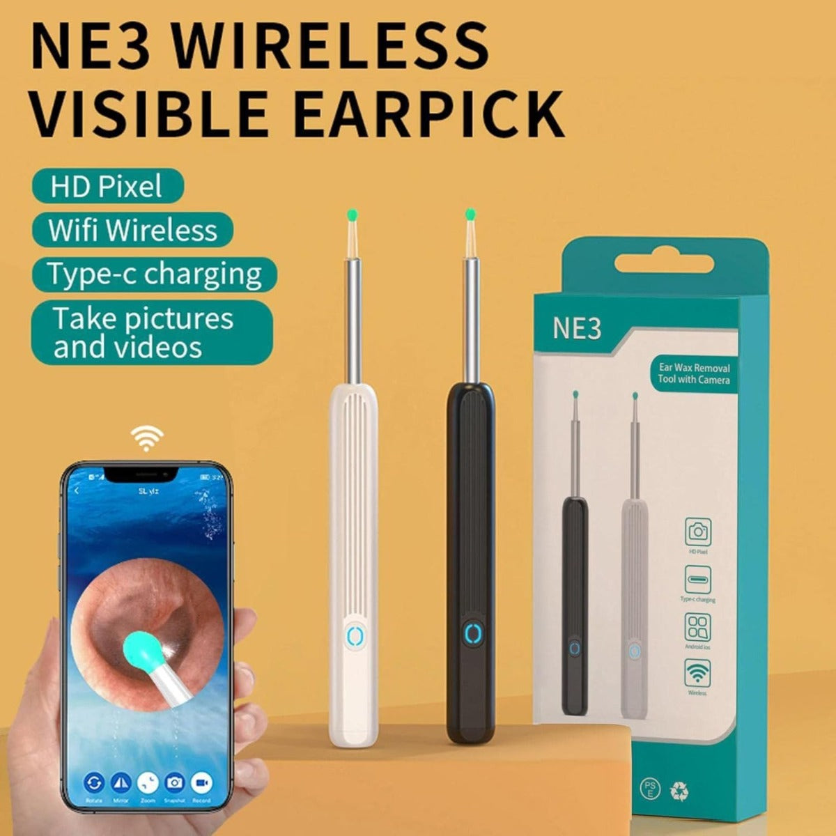 Kit pulizia orecchie NE3: penna bianca e nera con fotocamera, con confezione