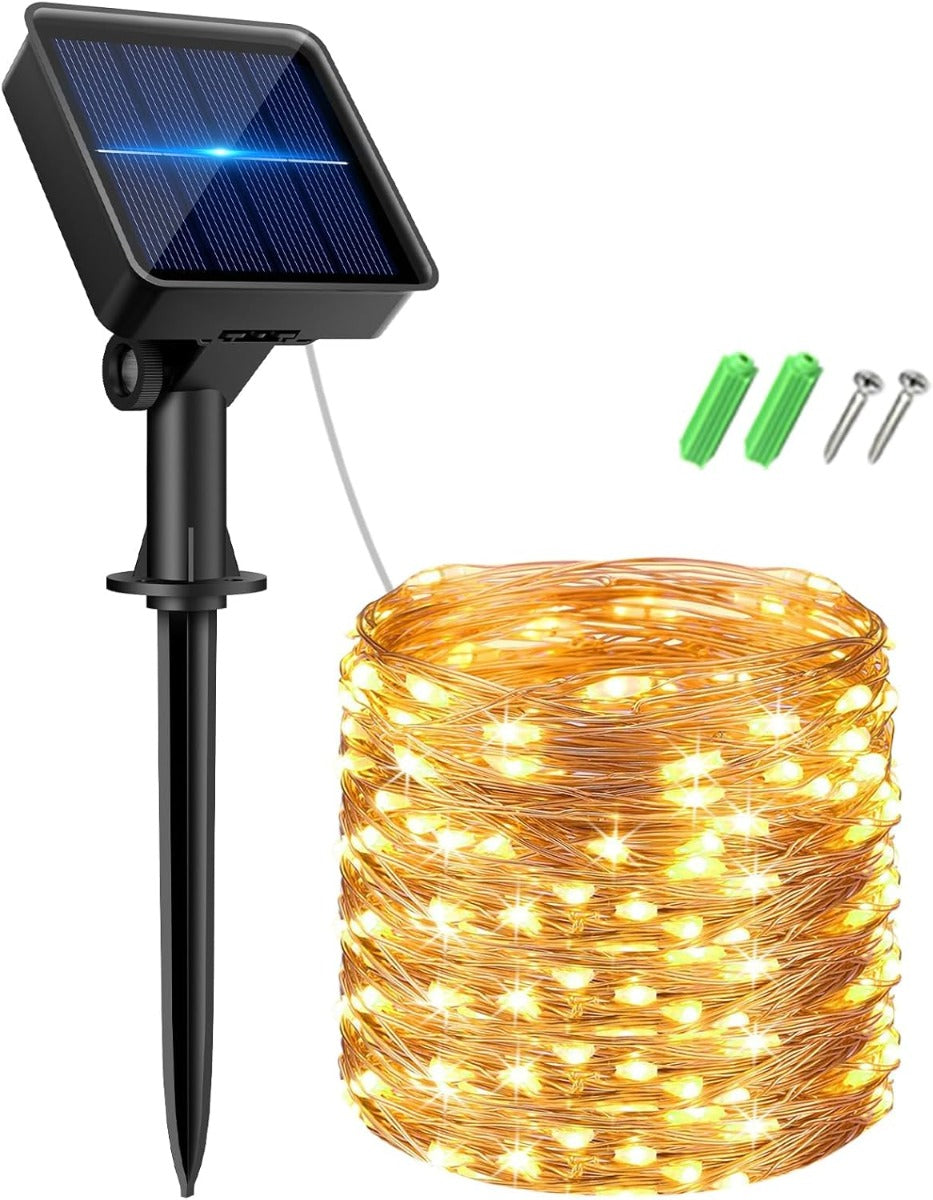 Catena luminosa solare esterna con 100 LED: filo arancione e pannello solare