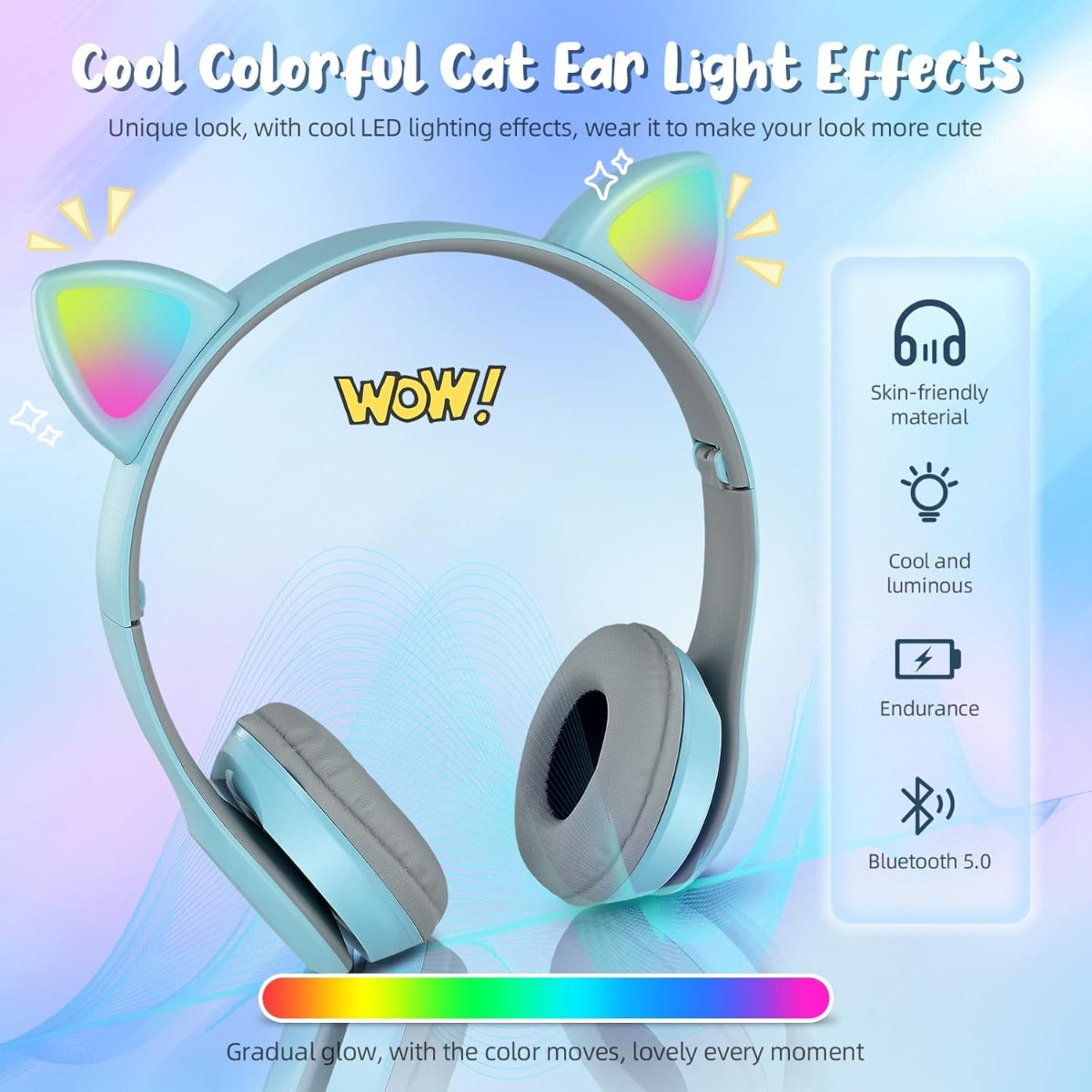 Cuffie over-ear azzurre con pad grigi, design orecchie da gatto e luci LED
