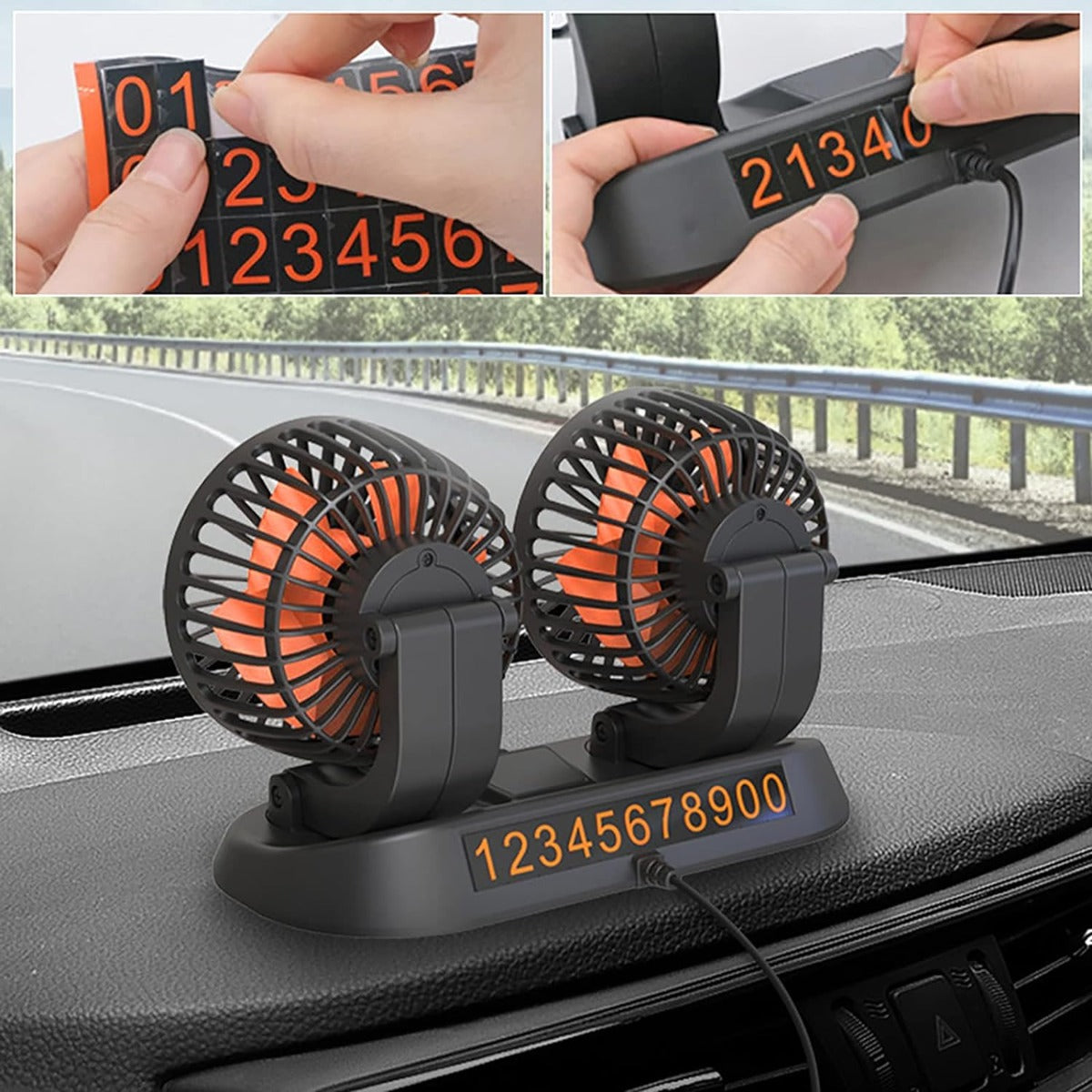 Ventilatore doppio da auto nero con due ventole arancioni e pannello arancione sul supporto.