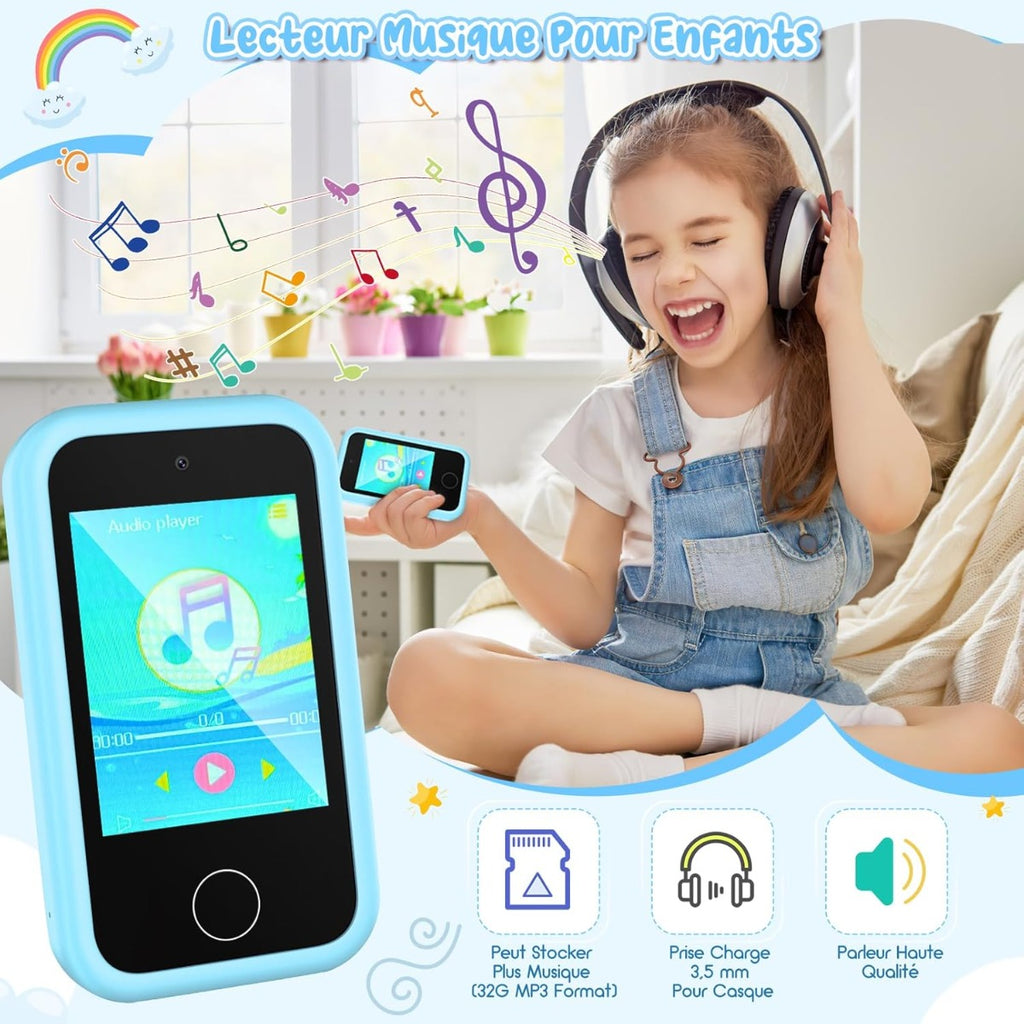 Telefono per bambini azzurro con schermo acceso e icone colorate, lato frontale
