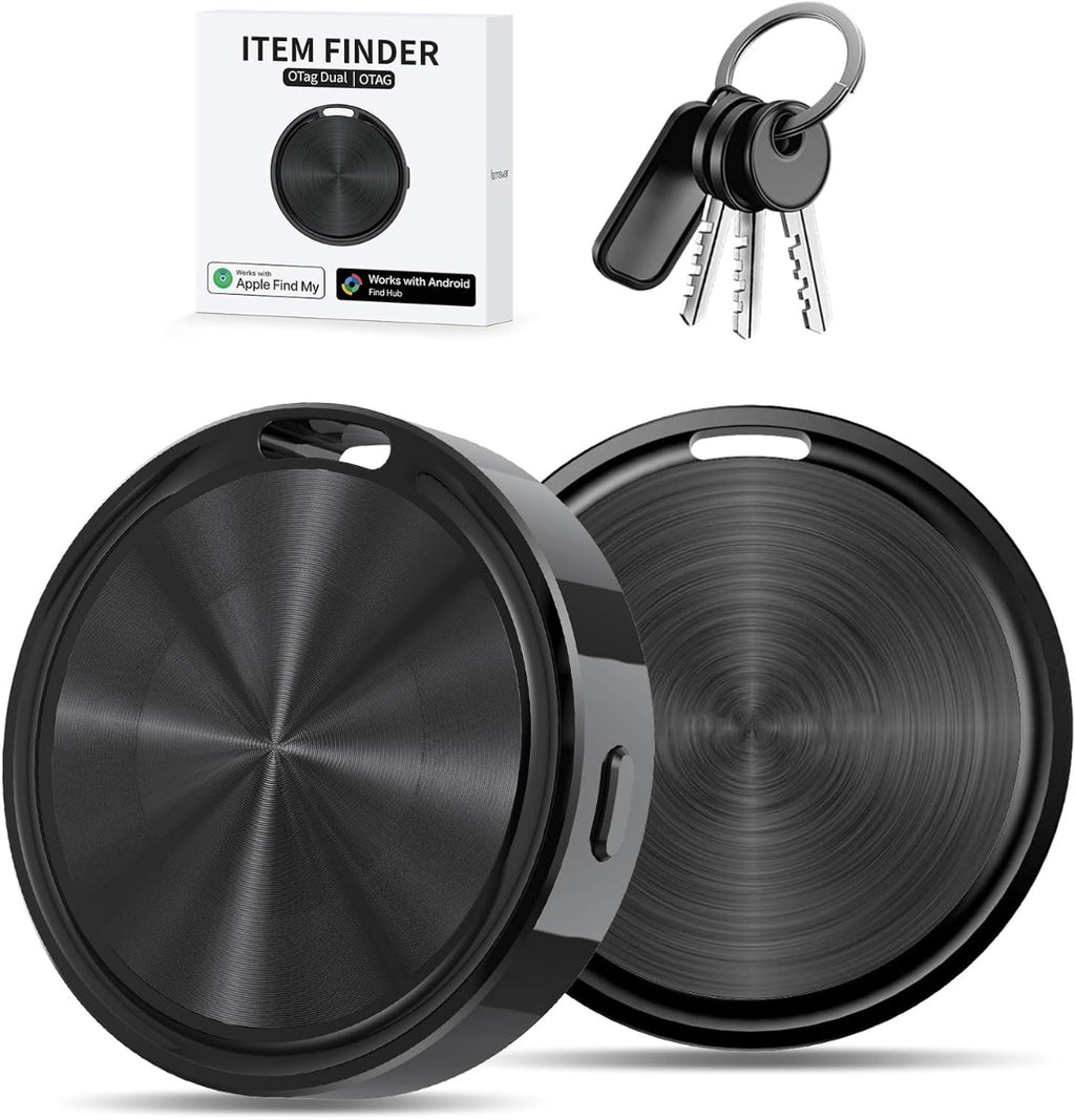 Localizzatore GPS Bluetooth rotondo nero con portachiavi, vista frontale e laterale