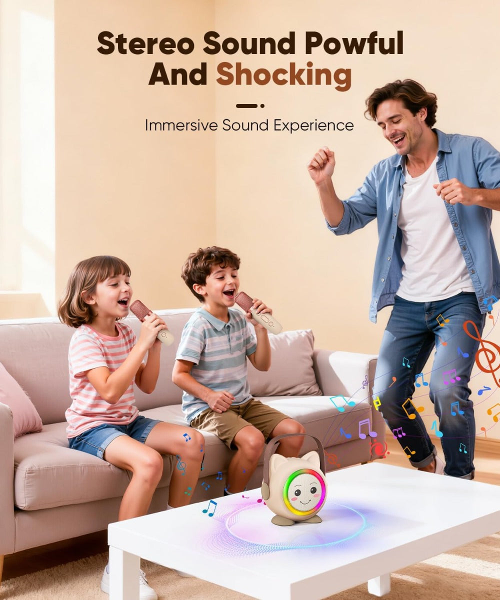 Mini karaoke per bambini con altoparlante gatto luminoso e 2 microfoni wireless