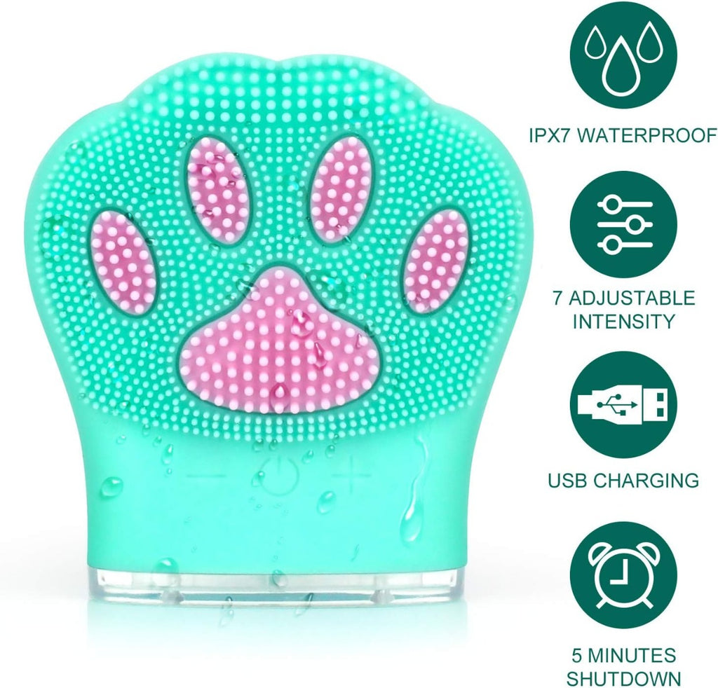 Spazzola detergente viso in silicone azzurro con testina a zampa e gocce d’acqua