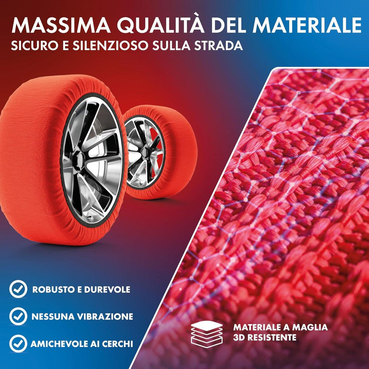 Calze da neve rosse con tessuto a maglia 3D, vista su ruota e superficie