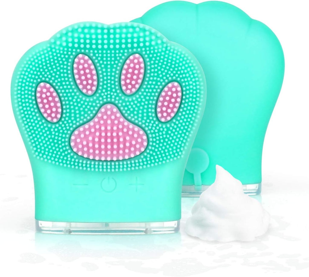 Spazzola detergente viso in silicone azzurro con testina a zampa e puntini in rilievo
