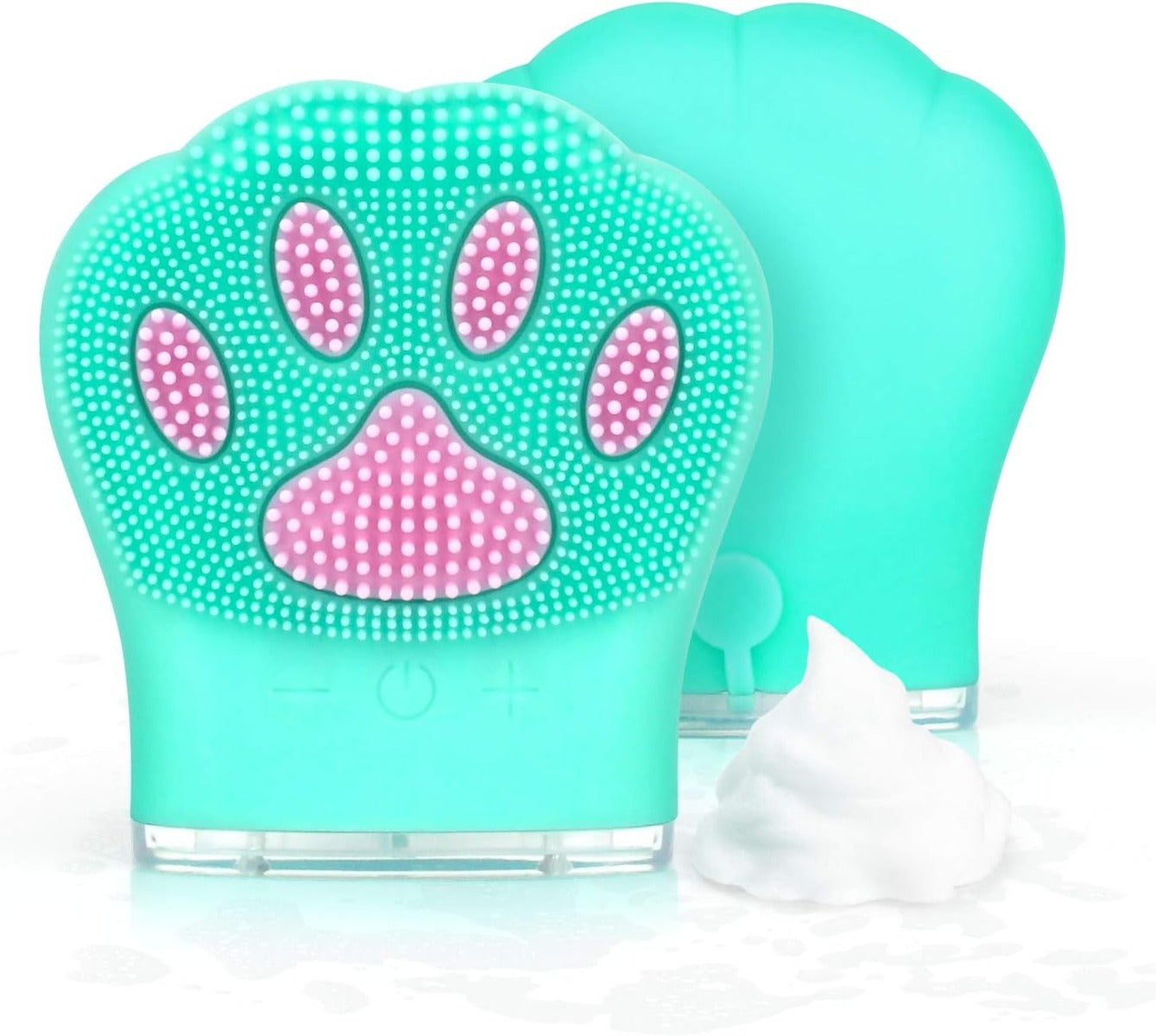 Spazzola detergente viso in silicone azzurro con testina a zampa e puntini in rilievo