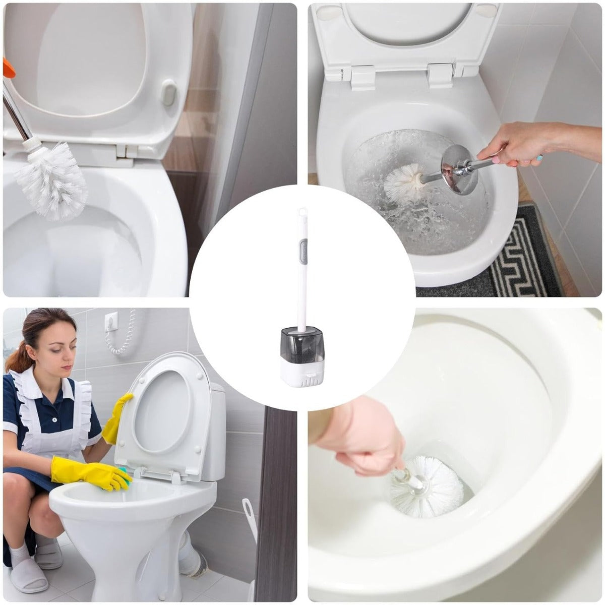 Scopino WC con manico bianco e spazzola in silicone, base cilindrica trasparente