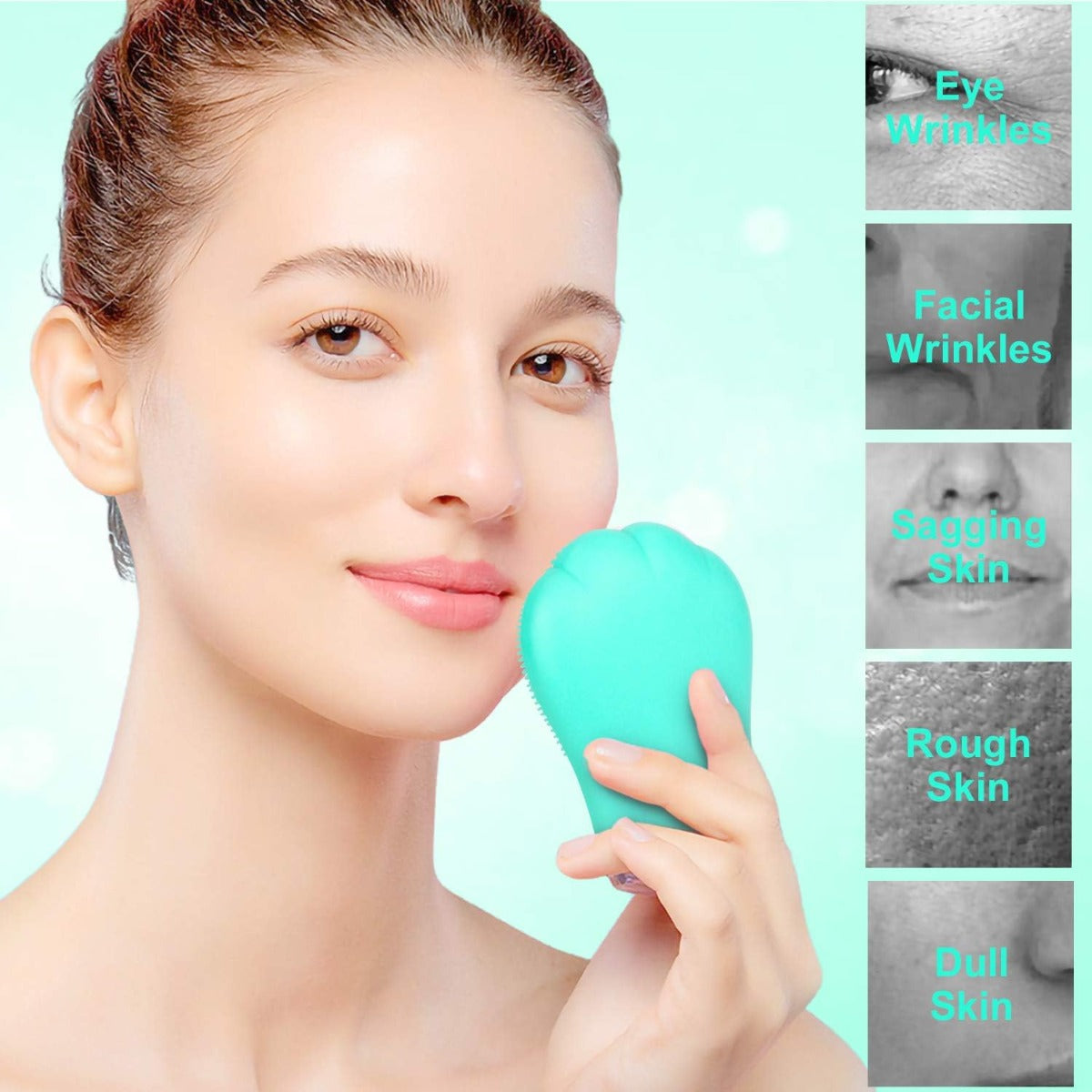 Spazzola detergente viso in silicone azzurro con testina a zampa, inquadratura frontale