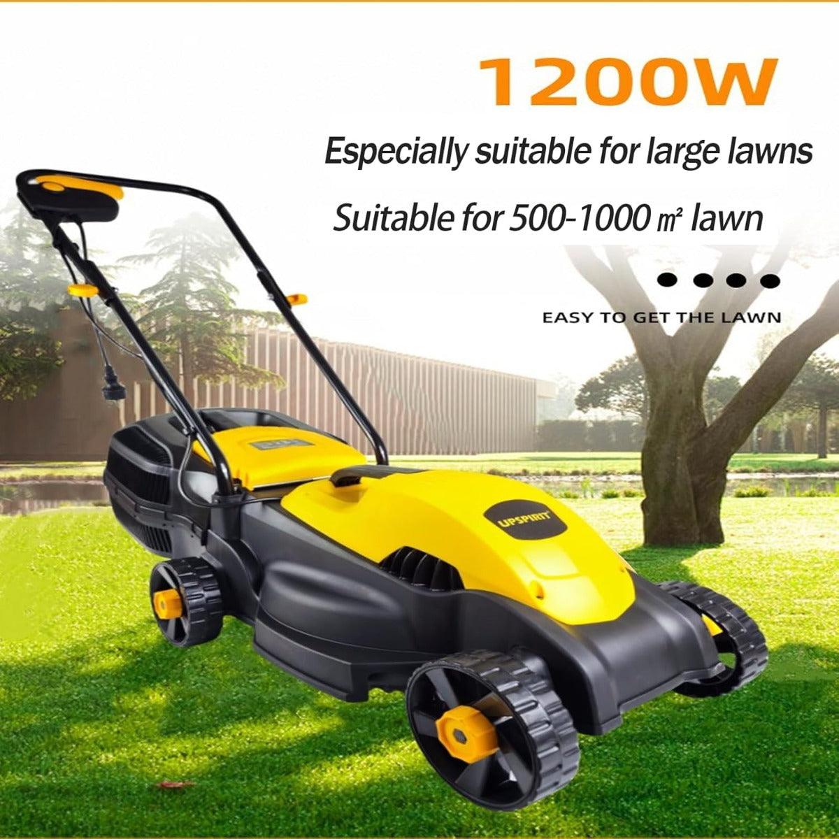 Tosaerba elettrico giallo e grigio con larghezza di taglio 32 cm e cesto erba