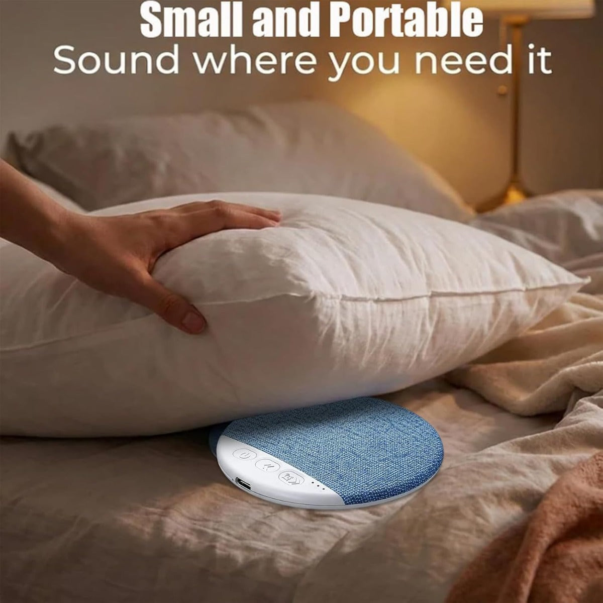 Altoparlante per cuscino Bluetooth blu con base bianca e pulsanti frontali