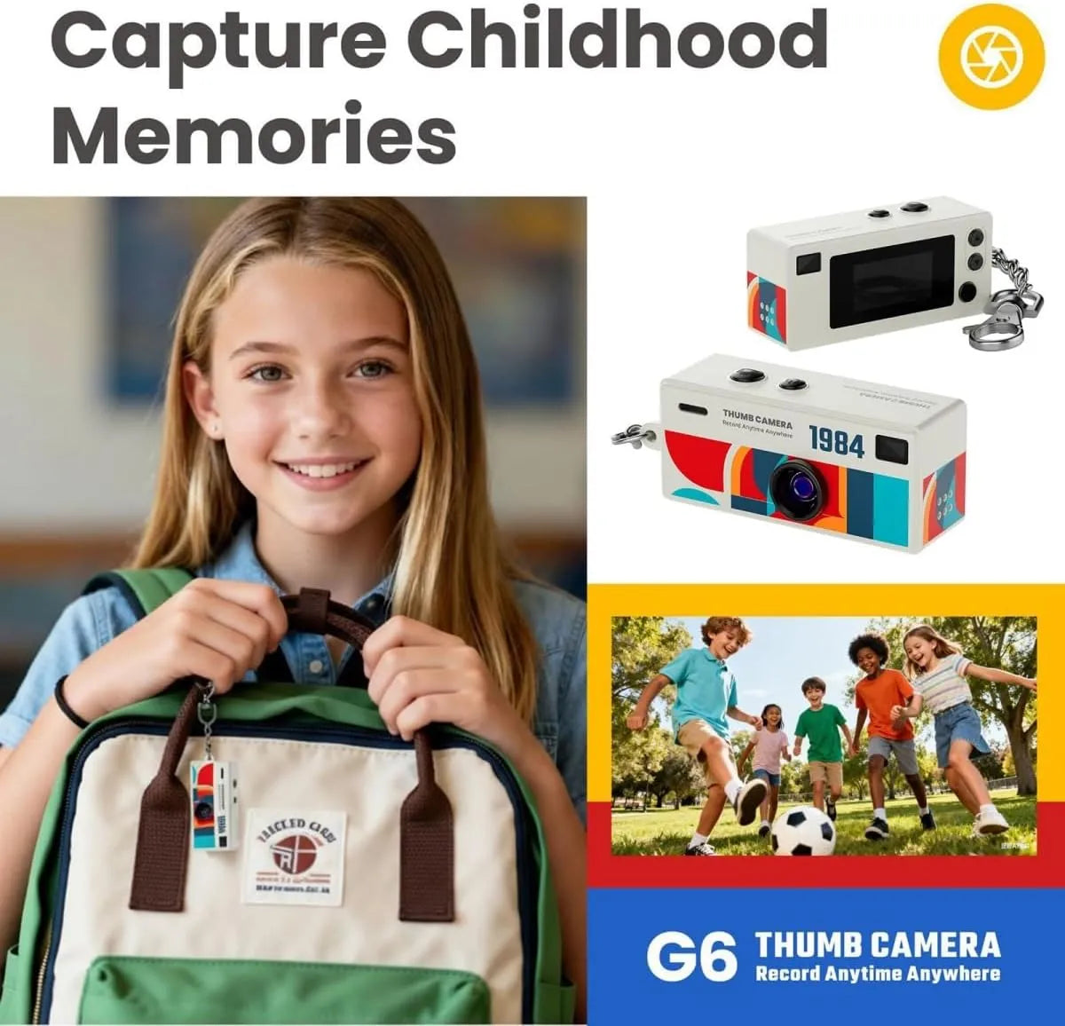 Mini fotocamera portatile retrò bianca con portachiavi e schermo LCD