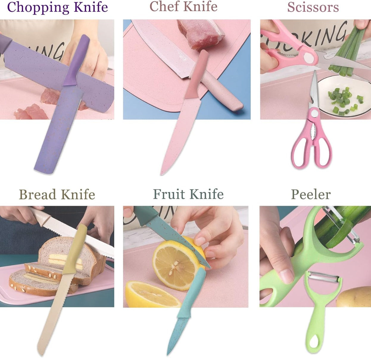 Coltelli da cucina e forbici con lame colorate: coltello chef rosa e forbici rosa