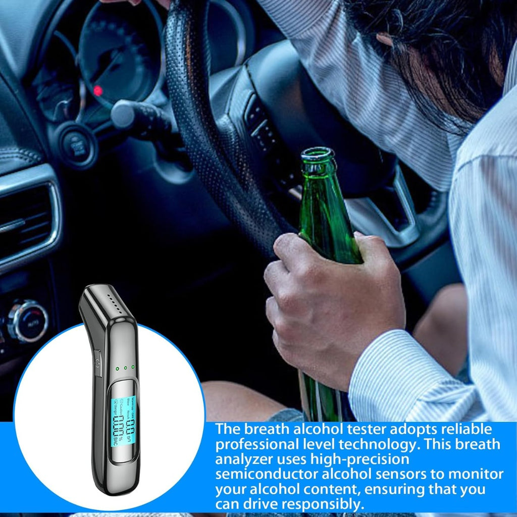 Rilevatore di alcol portatile nero con display blu e indicatori verdi, vista frontale