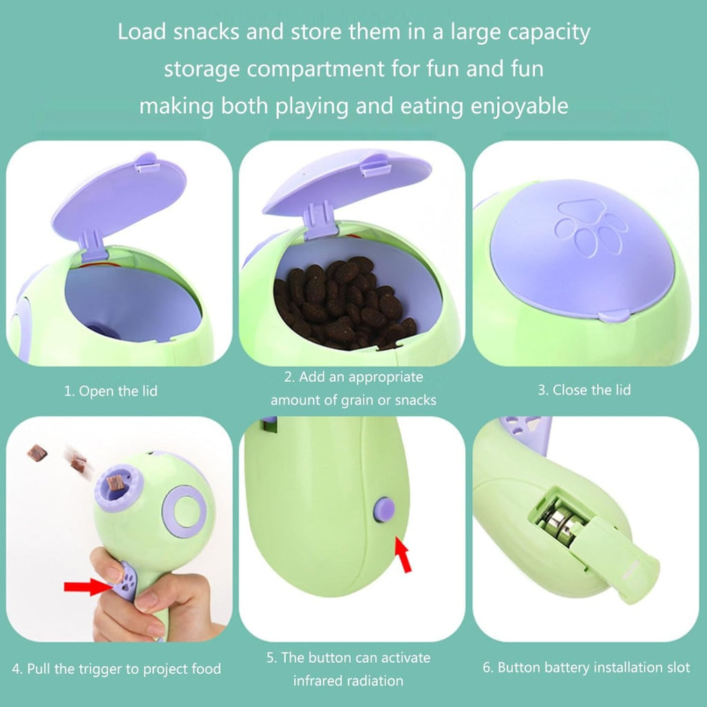 Dispenser automatico per dolcetti per cani verde con coperchio aperto e vano interno
