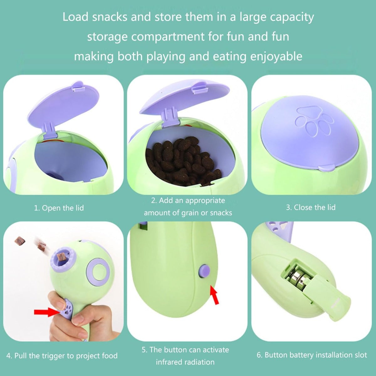 Dispenser automatico per dolcetti per cani verde con coperchio aperto e vano interno