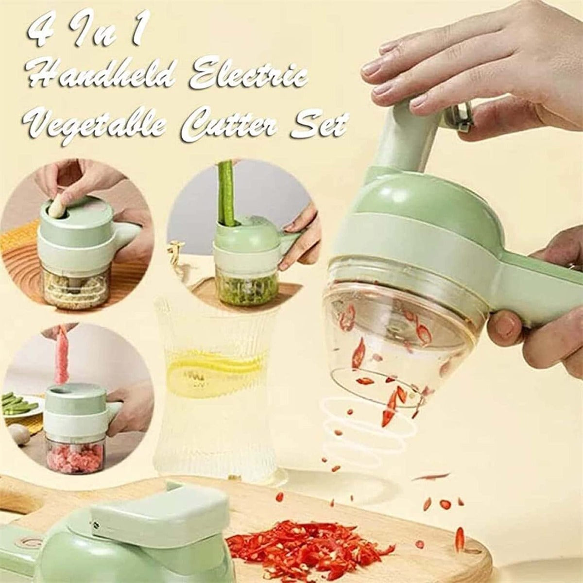 Tagliaverdure elettrico portatile verde con beccuccio e contenitore