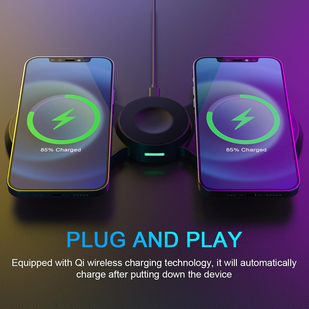 Base di ricarica wireless 3 in 1 nera con spie verdi per smartphone e smartwatch