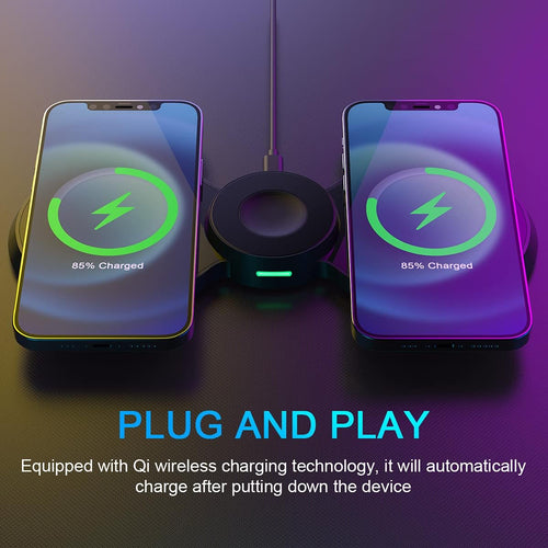 Base di ricarica wireless 3 in 1 nera con spie verdi per smartphone e smartwatch