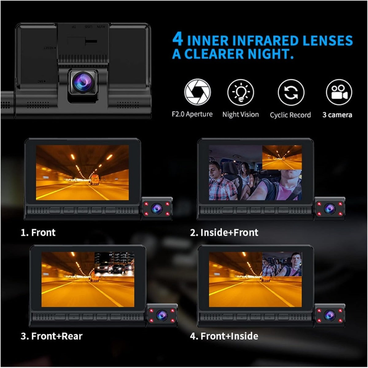 Videoregistratore auto con schermo e 3 telecamere, lenti a infrarossi