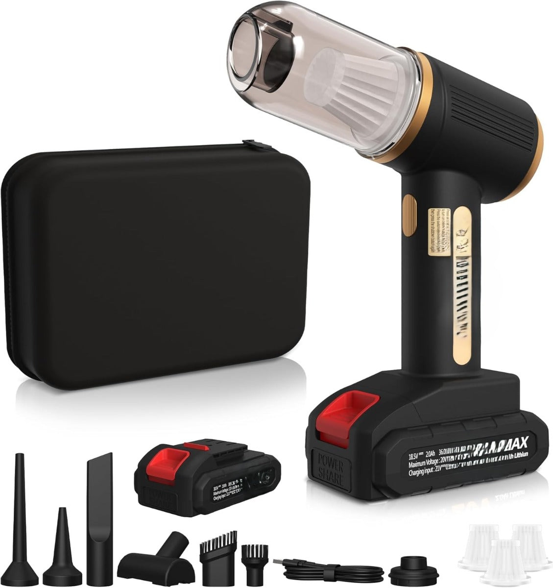 Aspirapolvere portatile cordless nero con contenitore trasparente e valigetta, accessori inclusi