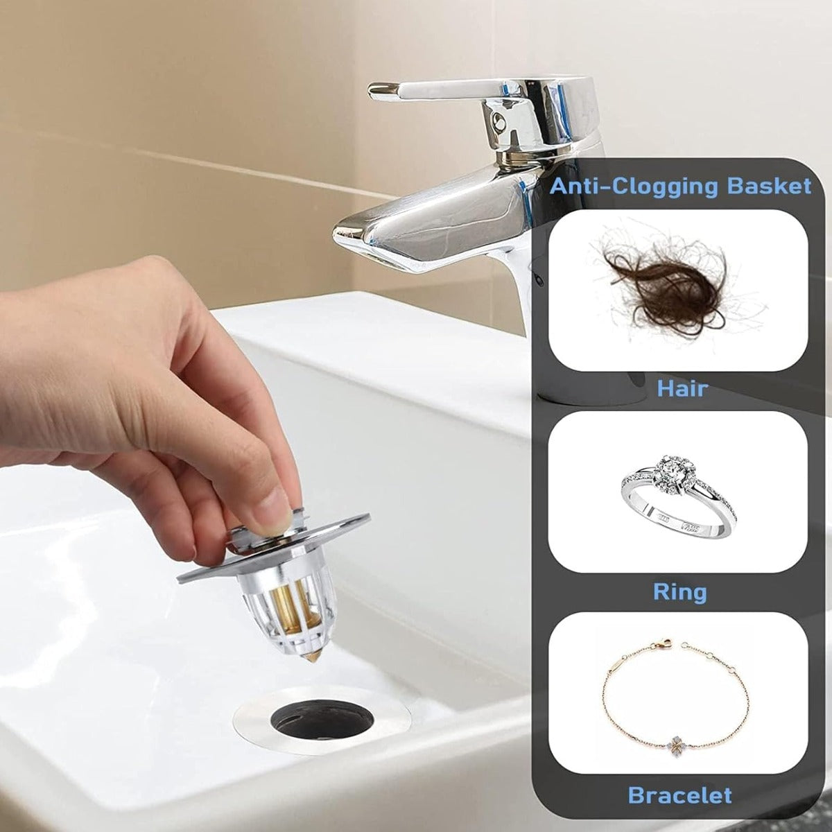 Tappo pop-up con cestello anti-intasamento in metallo cromato e inserto in ottone