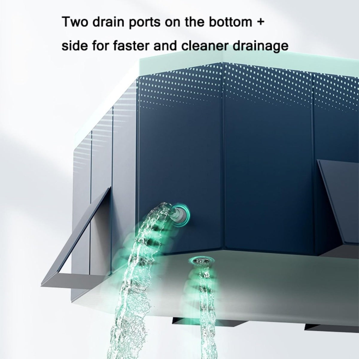 Piscina pieghevole in PVC blu scuro con pareti interne e scarichi sul fondo