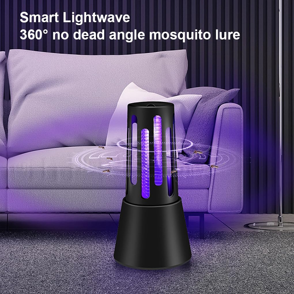 Lampada zanzariera elettrica nera con tubi viola accesi e forma a campana rovesciata.