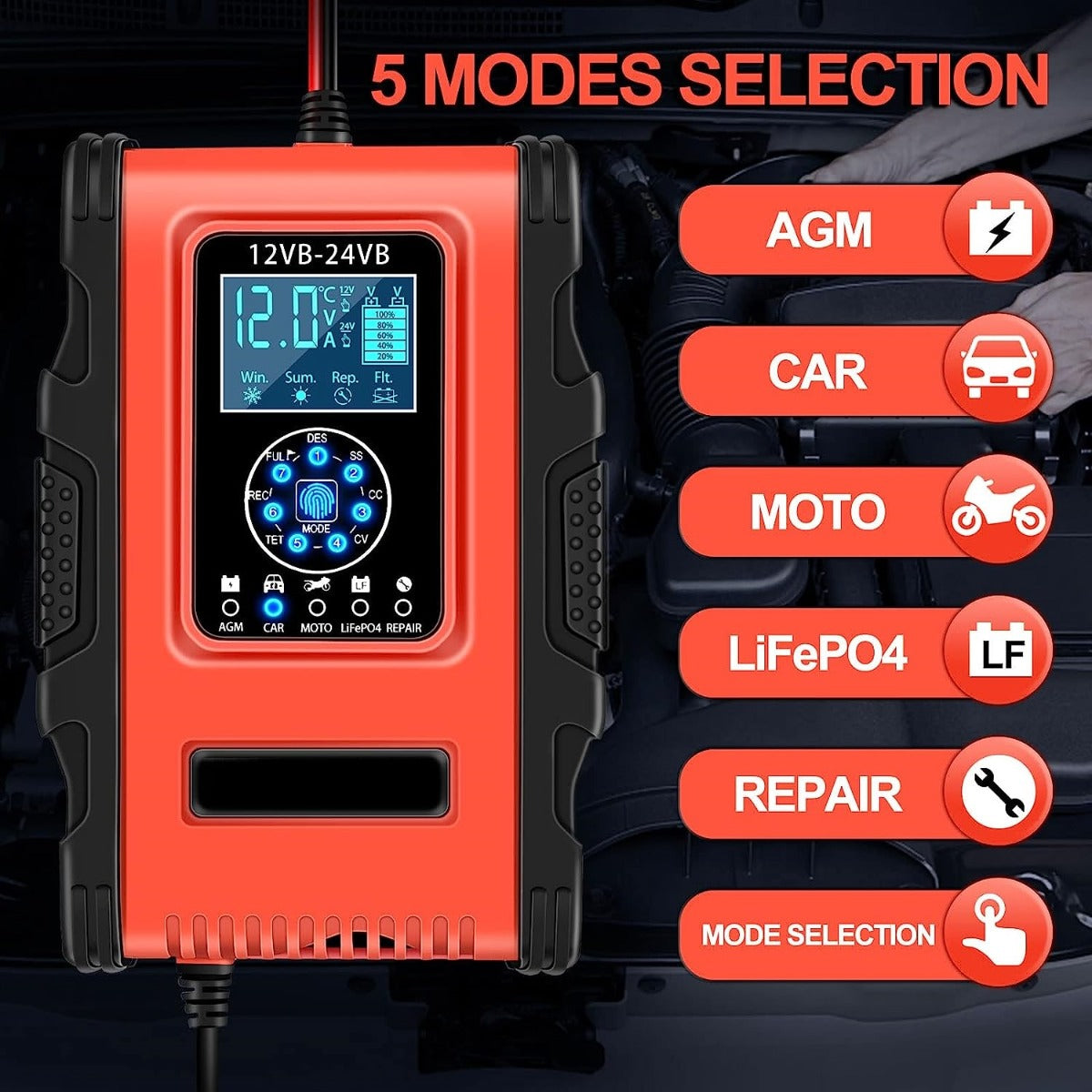Caricabatteria da auto moto 12a 12v/24v caricabatteria auto di carica mantenitore di carica auto con display lcd intelligente per auto moto